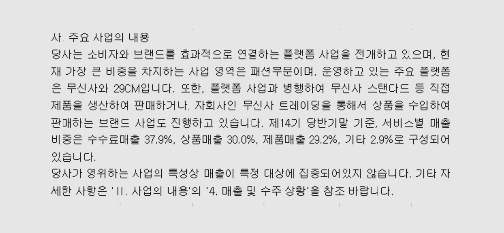 무신사의 플랫폼 수수료 및 제품 생산 등 주요 매출 구성 항목표