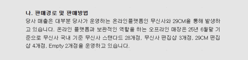 무신사 사업보고서에 명시된 오프라인 매장 판매 경로 및 방법