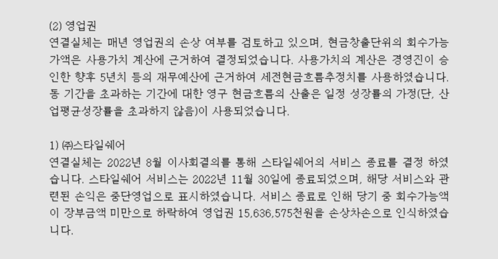 재무제표 주석상 스타일쉐어 영업권의 손상차손 인식 내역